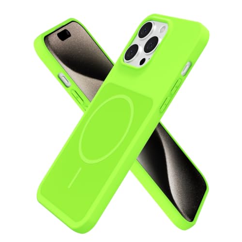 Coque iPhone 15 Pro Max silicone liquide magnétique vert fluo fine et souple