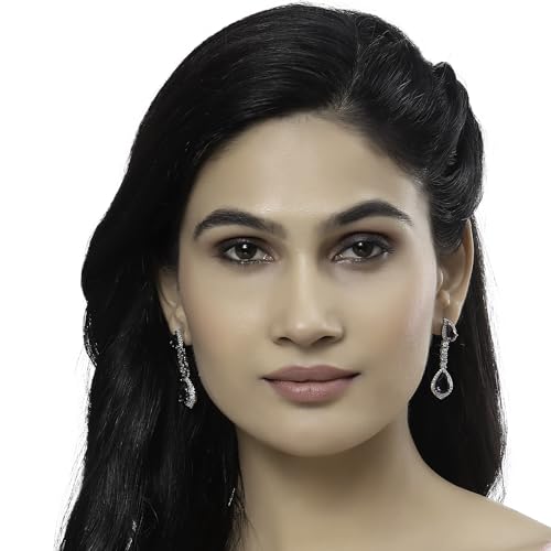 Rhodium-Plated Teardrop Drop Earrings with American Diamond