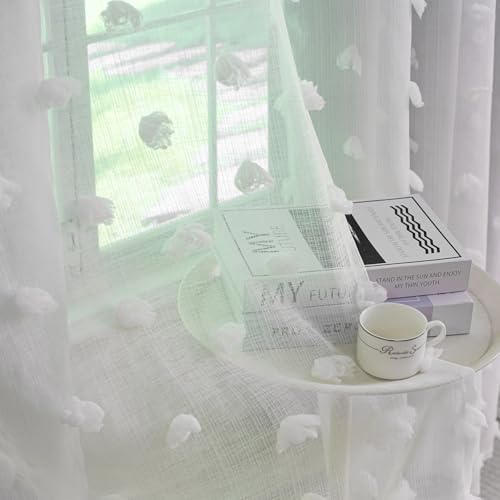 Image of Graylish White Pom Pom Curtains for Nursery Bedroom 52x96 Inch | Soft Boho Room Darkening Drapes, Grommet Privacy Double Layer Curtains for Living Room, Girls &Toddler room Decor, 2 Panels