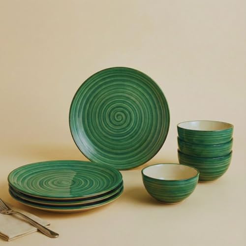 Image of Freakway Hand-Painted 'Sea Swirls' Dinner Set Ceramic Stoneware Dinner Set of 8 Pieces | 4 Ceramic Dinner Plate and 4 Bowl /katori | Bone Ash Free | Microwave and Dishwasher Safe - Green