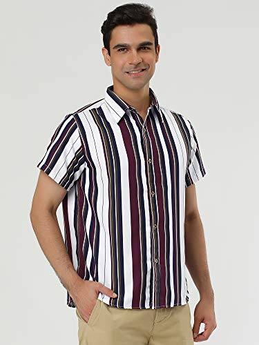 Lars Amadeus Men's Summer Striped Shirts Short Sleeves Button Down Beach Color Block Shirt X-Large White Brown #TOP2