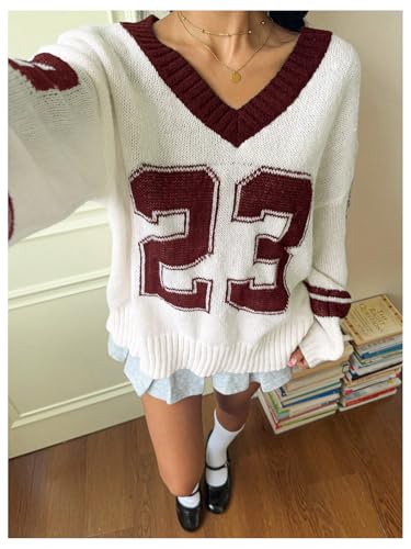 Women's Y2K Sweaters Letter Print Oversized Sweaters Long Sleeve V Neck Pullover Sweater Jumper Top Knit Jersey Shirt4