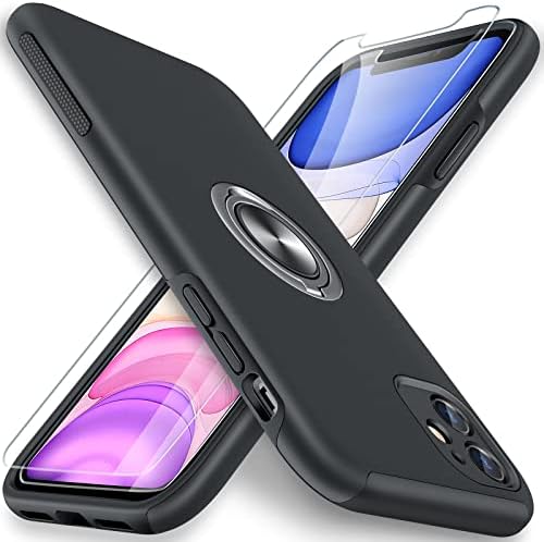 AOUIA iPhone 11 Case, with 2 Pack Glass Screen Protector, iPhone 11 Protective Cover Shockproof Slim Non-Slip Rugged Case 360° Rotatable Ring Holder Magnetic Car Kickstand Cases for iPhone 11 -Red