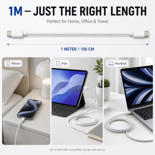 Image of Novobit Apple Certified Type-C to Type-C Charging Cable, PD 60W Fast Charging, Braided, Compatible with iPhone 17 /17 Air /17 Pro Max, 16 /16 Pro Max, 15 Series, iPad, MacBook & Other USB-C Devices, 1M