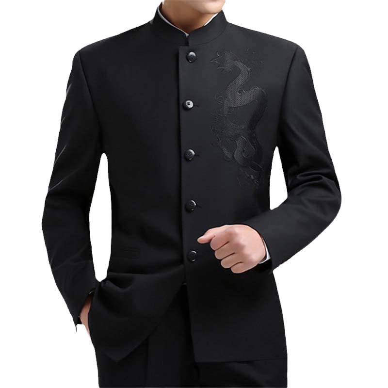 Aoleaky Oriental Dragon Embroidery Men Tunic Suit Jacket Black Stand Collar Chinese Style Kung Fu Zhongshan Coat