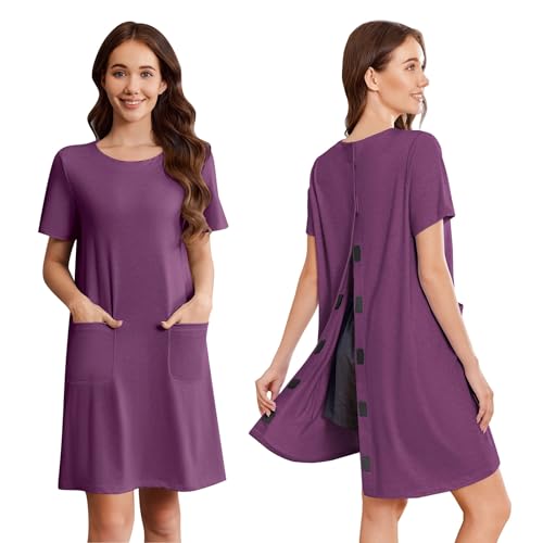 Image of Deyeek Open Back Hospital Gowns for Women Tear Away Short Sleeve Post Surgery Soft Nightgowns for Elderly Women with Pocket