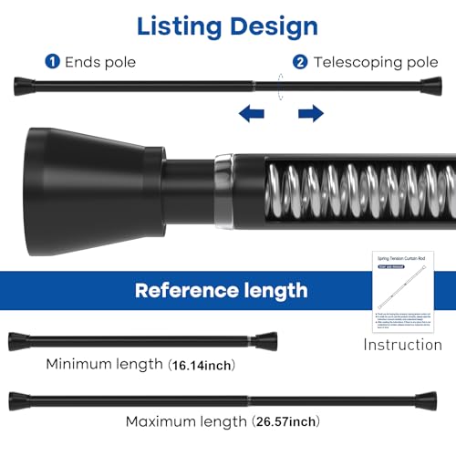Image of Black Tension rod 16 to 26 Inch Spring Curtain Rods No Drilling Small Rods Adjustable Tension Curtain Rod Expandable Pressure Spring Rod for Doorway,Kitchen