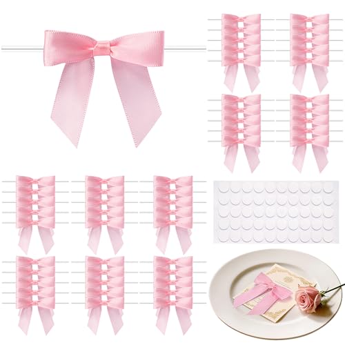 MERDTTES 50PCS Mini Pink Bows 2.75 Inch Elegant Satin Ribbon Twist Tie Bows for Gift Wrapping, Birthday, Anniversary & Graduation Decorations