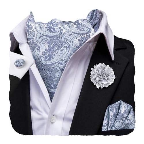 Image of Hi-Tie Silk Ascot for Men Self Tie Men's Cravat and Flower Lapel Pin Handkerchief Cufflinks Set for Wedding Party