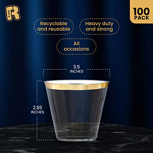 R-Kay 100 Pack Gold Plastic Cups For Party - Plastic Cups 9 Oz - Party Cups Disposable - Premium Heavy Duty Gold Cups - Disposable Wine Glasses For Wedding - Plastic Wine Glasses/Disposable Cups #TOP3