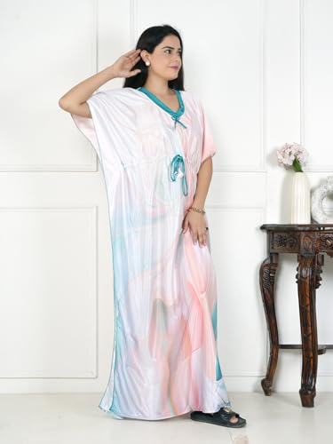 Image of Women's Printed Satin Blend Kaftan Nighty /Nightgown /Nightwear /Maxi WSR-185