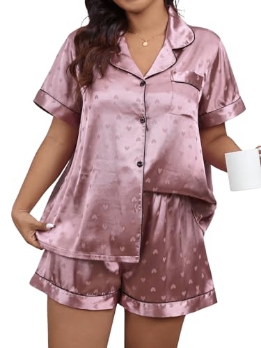 WDIRARA Women's Plus Size 2 Piece Satin Pj Set Short Sleeve Button Down Pajamas with Shorts Sleepwear