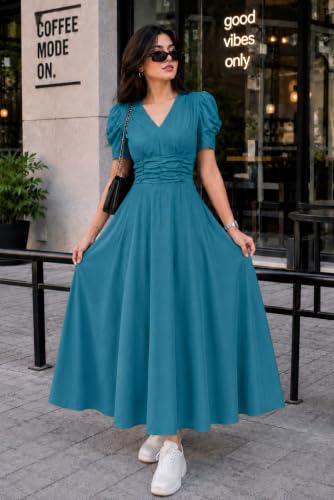 Image of Preneum Girl's & Women's Solid Color V-Neck A-Line Maxi Dress for Women | New Year Party Outfit | Waist Cinched Puff Sleeve Western | Elegant Casual Wear (Availble in Plus Size)