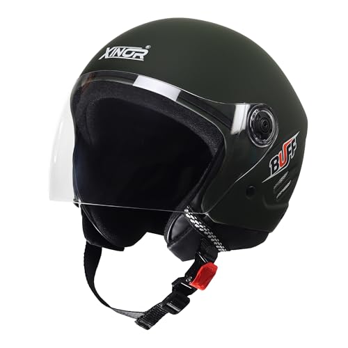 Image of Buff Open Face Motorcycle Helmet Medium MT Green | ISI Certified Unisex Bike Helmet | Lightweight ABS Shell with Clear Visor & Quick Release Strap for Scooter & Bike Riders