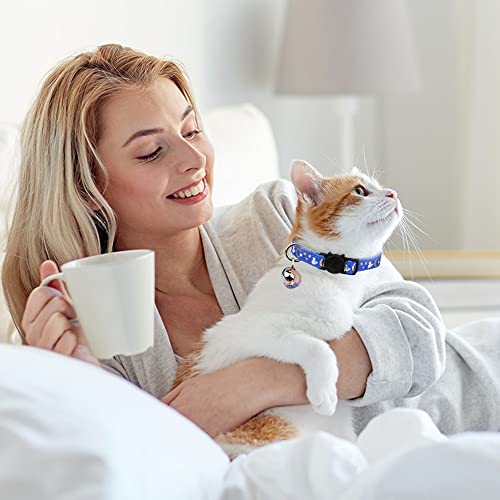 Image of 2PCS Breakaway Cat Collars with Bell Moons Stars Cute Kitty Adjustable Safe Kitten Collars with Pendant Glow in The Dark(Black&Blue)