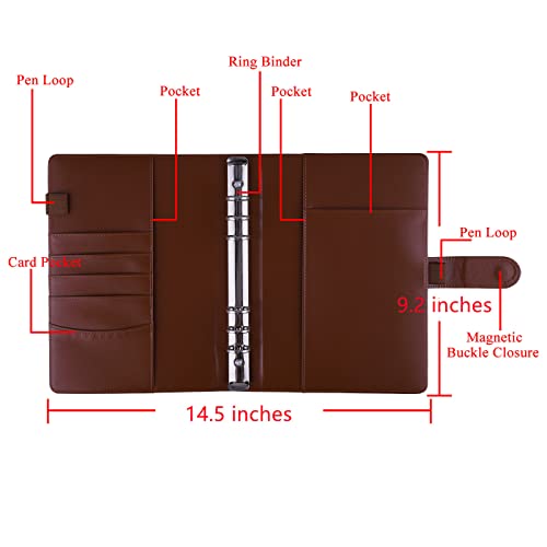 Image of Antner A5 Binder 6 Ring Refillable Notebook Planner Cover for A5 Refill Paper, PU Leather Small Binder Budget Planner Photocard Holder Loose Leaf Personal Organizer with Magnetic Buckle, Brown