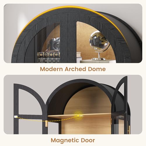 Image of LVSOMT 71 inch Arched Display Cabinet with Glass Doors and Lights, Black Wood