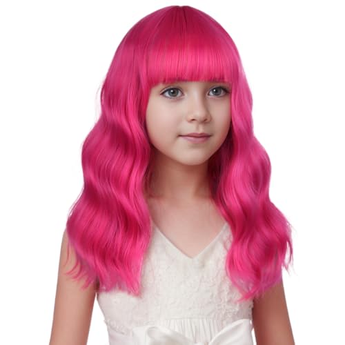 Image of Hot Pink Wig Short Hot Pink Wavy Curly Wigs Pink Wig with Air Bangs ynthetic Cosplay Hair Wig