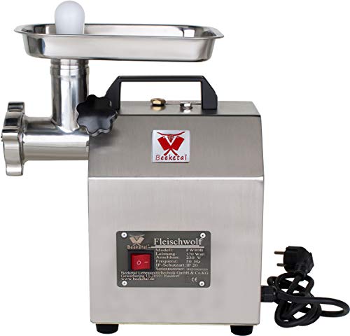 Foto von Beeketal 'FW80B' Profi Gastro Edelstahl Fleischwolf mit 80 kg/Std. Durchsatz, starkem 370 Watt Motor, 1 Geschwindigkeit, Tragegriff, inkl. 2x Messer, 3x Lochscheiben (3, 5 und 8 mm), Stopfer