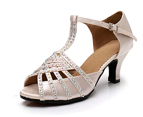 Sandales de danse latine étincelantes à strass beige avec talon C 6 cm