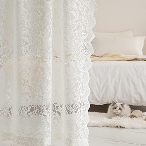 ALIGOGO Ivory Lace Curtains for Bedroom 63 inch Length-Luxury Flowers Sheer Lace Curtains 63 inch Length Short Window Curtains 52 W x 63 L Inch, Ivory