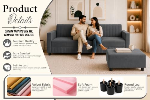 Image of Modern 3-Seater Velvet Sofa with Ottoman | Vertical Channel Tufted Backrest | Plush Cushioned Seating | Stylish Contemporary Sofa for Living Room, Bedroom & Office | Grey