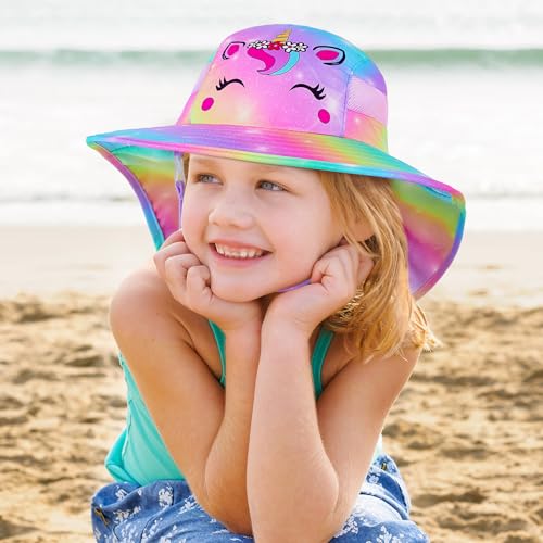 Kids Sun Hat UV Protection Unicorn Summer Beach Play Hats Wide Brim Neck Flap for Girls Boys2
