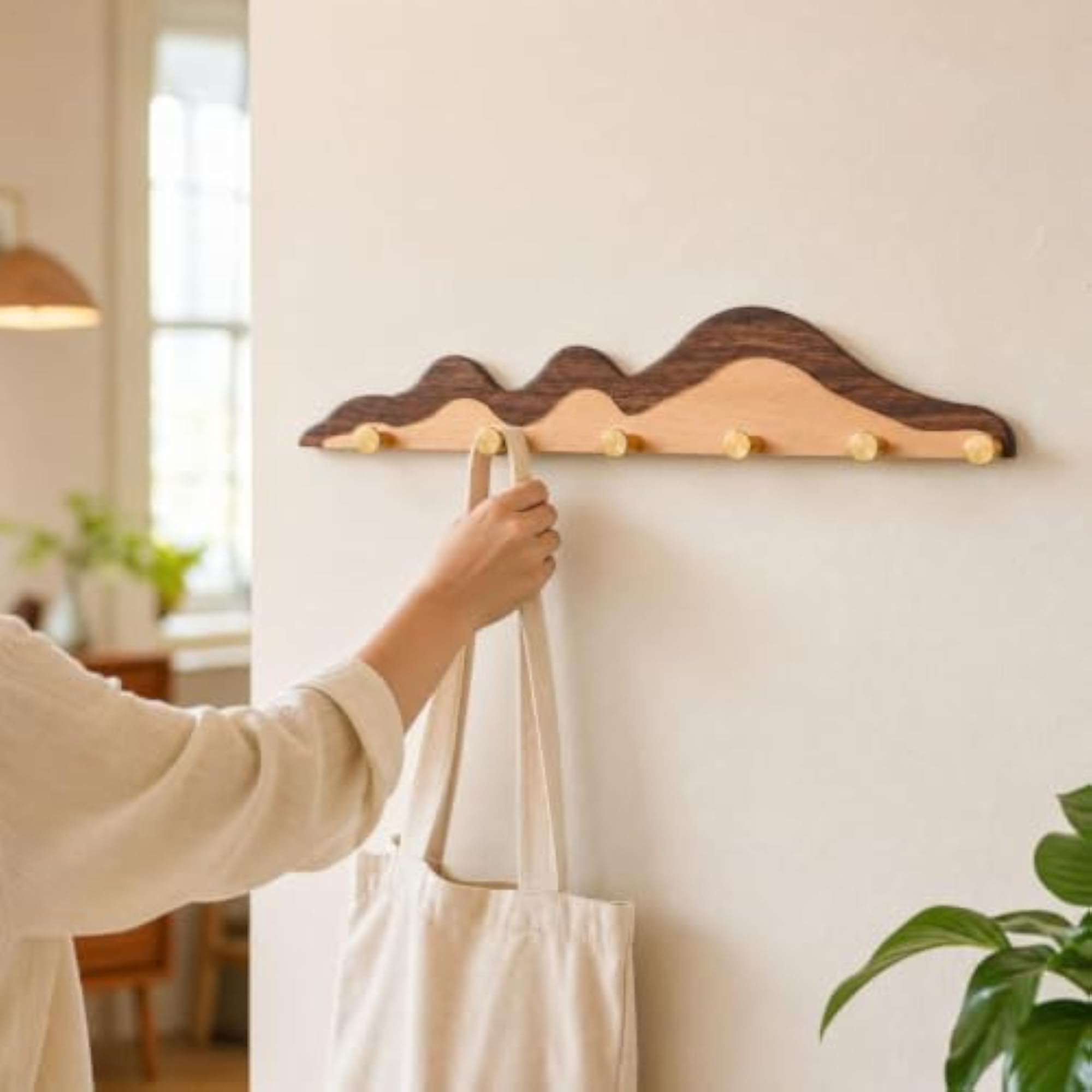 Space-Saving Wave-Shaped Wooden Wall Hanger with Metal Hooks