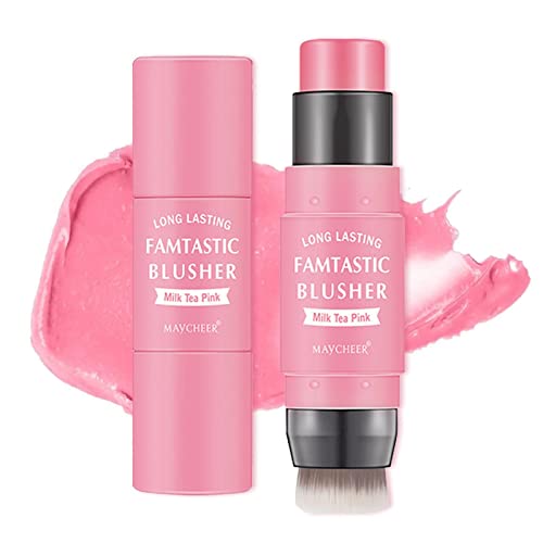 Vigcebit Fard à Joues crème,Cheek Makeup Stick Maquillage Blush avec Pinceau - Maquillage Blush crème pour Tous Les Tons Peau, Fard à Joues et Rouge à lèvres Double tête 2 en 1, Cadeau