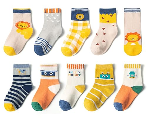 kiobrvhe Kids Socks with Grips Non Slip Slipper Socks Cartoon Print 10-Pairs Pack Cozy Fluffy Winter Warm Crew Socks (Style B,3-5T,US,Age,3 Years,5 Years)