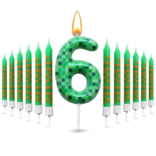 Glamifyr 13 candele per 6 compleanno ragazzo, decorazione per torte 3D per ragazzi candele di compleanno con numeri 6, candele verdi Pixel candele di compleanno candela 6 compleanno ragazza cartone