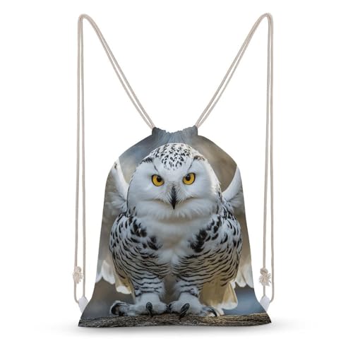 Snow Owl Drawstring Backpack - Canvas Sports Gym Sackpack, Lightweight String Bag for Beach & Travel