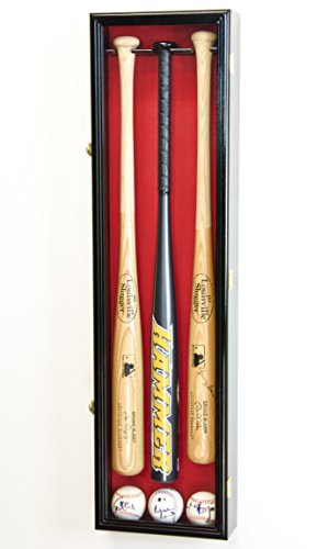 3 Baseball Bat Display Case Cabinet Holder Wall Rack Custom Options 98% UV - Lockable (Black Wood Finish, Red Felt - Vertical Mounting)