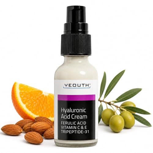 YEOUTH Hyaluronic Acid Cream, Non Comedogenic Face Moisturizer with Vitamin C, Tripeptide and Ferulic Acid, Night Face Cream Suitable for Dry & Dull Skin, 1 oz