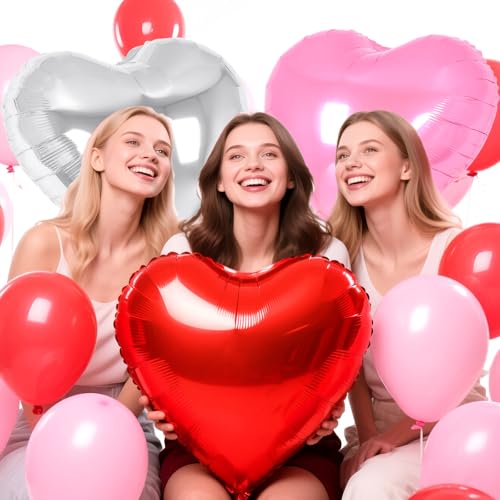 Image of 6 Pcs 32 Inch Red Pink Silver Heart Balloons, Giant Heart Shape Foil Balloons Love Balloon Valentine Balloon for Birthday Party Wedding Engagement Party Baby Shower Valentine Day Decorations