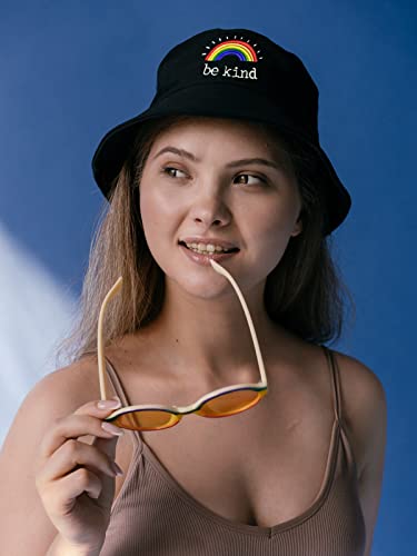 Be Kind Embroidered Bucket Hat For Women Men Rainbow Breathable Fisherman Hat Unisex Fashion Sun Hat (Black) #TOP1