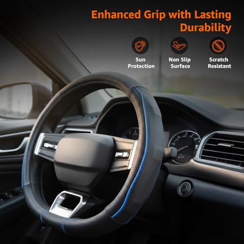 Image of Amazon Basics Leather Steering Wheel Cover (Medium - 38 cm) | Breathable, Non-Slip Polyvinyl Grip with Sporty Black Stitching & Easy Installation (Black and Blue)