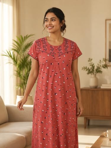 Image of 9shines Label Stylish Bamboo Cotton Nighty Maxi for Women | Full Length Trendy Nightgown | Premium Nightdress | Nightwear | Embroidery Nighty with Pocket (9666)