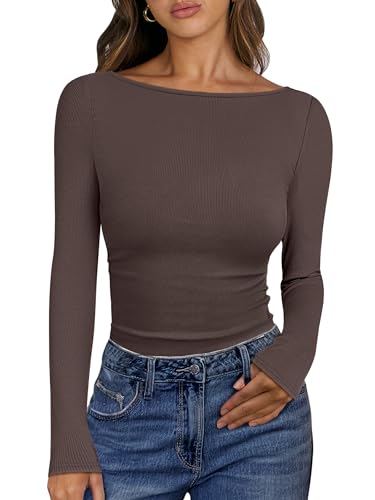 Image of ANRABESS Women's Boat Neck Long Sleeve Shirts Rib Knit Slim Fitting Tops Basic Tees 2026 Casual Comfy Fall Outfits Clothes