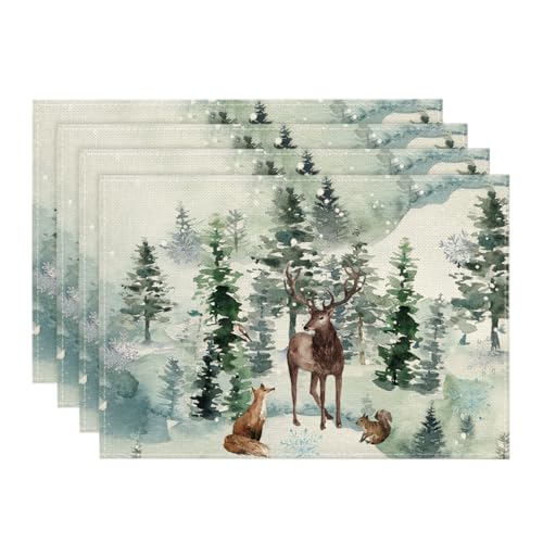 Artoid Mode Juego de 4 manteles individuales navideños con diseño de copos de nieve, diseño de zorro, reno, 30 x 45 cm, mantel individual lavable, decoración para fiestas