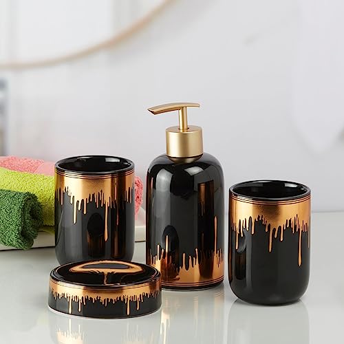 Image of SaSaSa Ceramic Bathroom Accessories Set of 4 Modern Bath Set with Soap Dispenser & Toothbrush Holder, Luxury Home & Gift Idea, Black /Gold (9739)