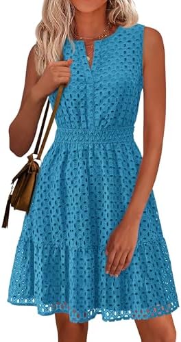 PRETTYGARDEN Women's Summer Dresses 2026 Sleeveless V Neck Eyelet Hollow Out Swing A Line Beach Vacation Sun Dress