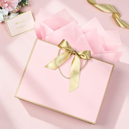Image of JMANNI Pink Gift Bags with Handles, 14.6 inch Large Gift Bags with Tissue Paper | 2 Pcs Pink Gold Bags, 4 Tissue Paper and 2 Cards, for Baby Shower, Wedding Bridal Shower, Birthday Party