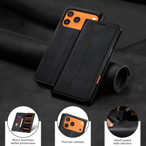 Image of Jasonyu Flip Wallet Case for iPhone 17 Pro Max,Leather Magnetic Folio Cover with Card Holder,Kickstand - TPU Shockproof Durable Protective Phone Case,Black