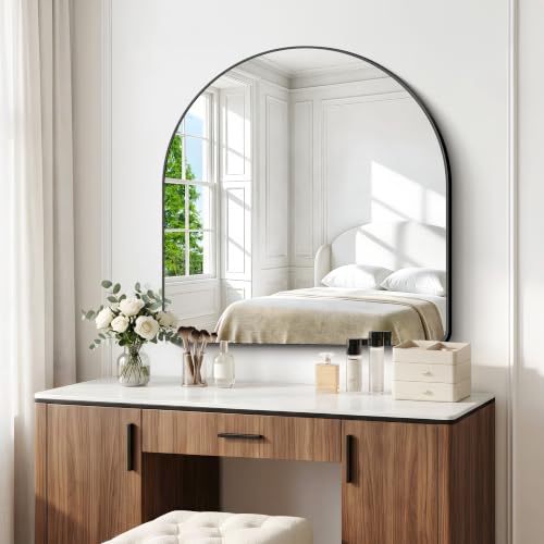 Image of BONEWEI Arched Wall Mirror,42x42 inch Black Arched Mirror Bathroom,Large Vanity Mirror for Over Sink Metal Frame,Tempered Glass Arch Mirrors for Bedroom,Entryway,Living Room,Home Decor Shatter-Proof