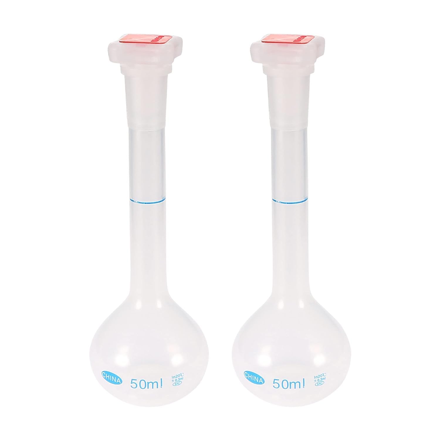Set 2 Matraces Aforados de Plástico, frascos medidores translúcidos de cuello largo con tapa a presión, resistentes al calor, laboratorio 50–1000ml(50ML)