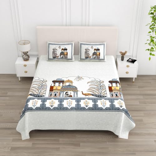 Image of 240 TC 100% Cotton Bedsheet for Double Bed King Size with 2 Pillow Covers | Breathable & Super Soft Rajasthani Sanganeri Jaipuri Printed Bed Sheet -100 * 108 Inches (Jaipur Darbar)
