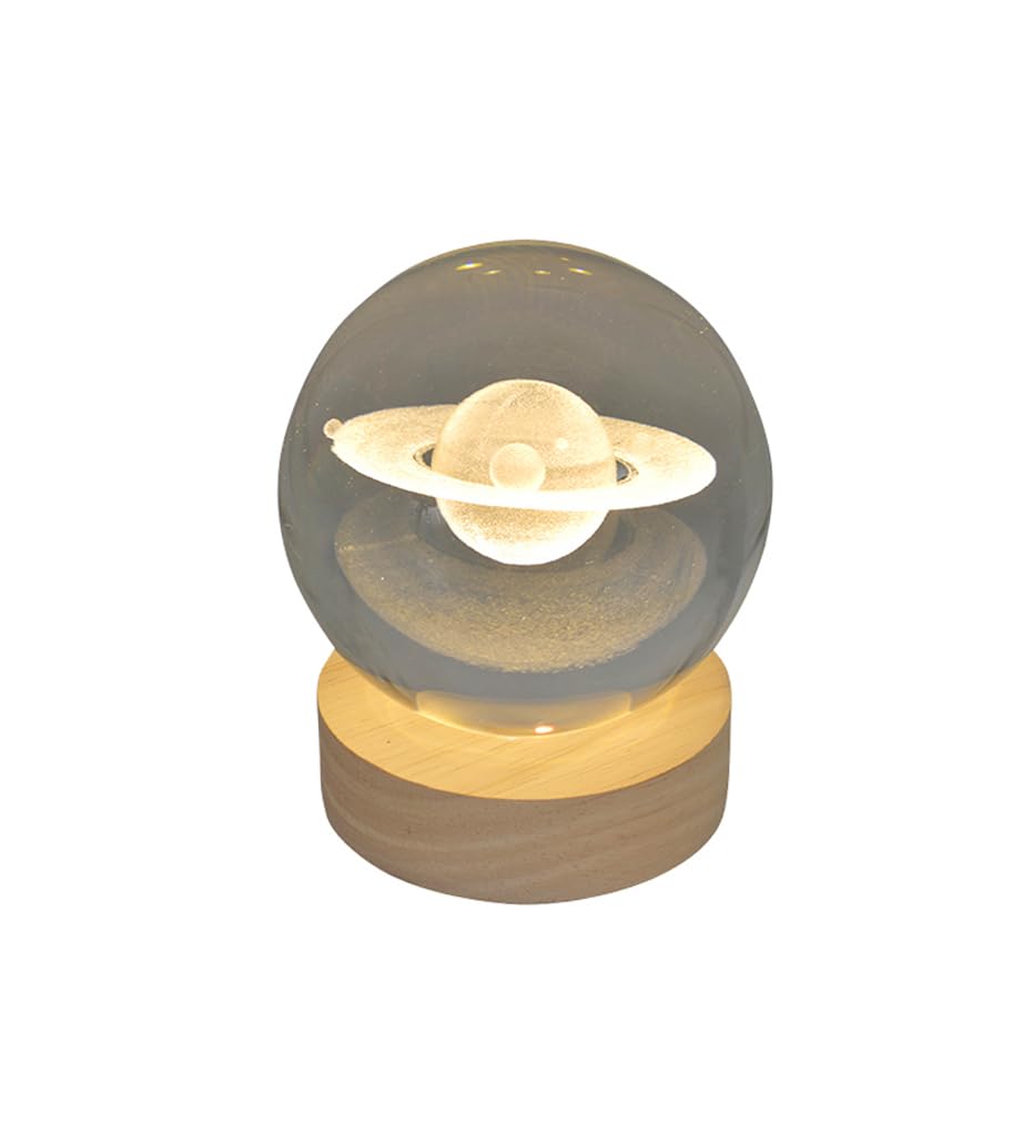 Pfronten Schmuck Hologram Glass Ball (Approx. 8 cm) Planet Ring with Wooden LED Coaster (Approx. 7 cm) 3D Crystal Ball Night Light Mood Light Lamp - Image 3