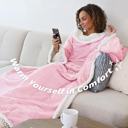 Image of Catalonia Sherpa Wearable Blanket with Sleeves Arms,Super Soft Warm Large Fleece Plush Sleeved TV Throws Wrap Robe Blanket for Adult Women and Men Grey