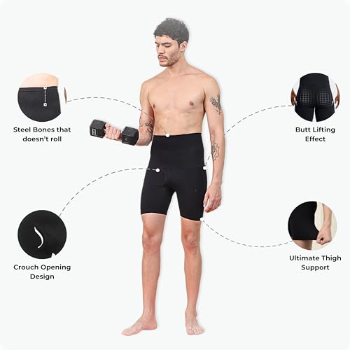 Image of High Compression Shorts for Men | Shapewear & Tummy Tucker Body Shaper with 4-Way Stretch Fabric, Anti-Roll Waistband | Slim Belly, Waist & Thighs - Invisible Under Jeans, Trousers, Kurtas